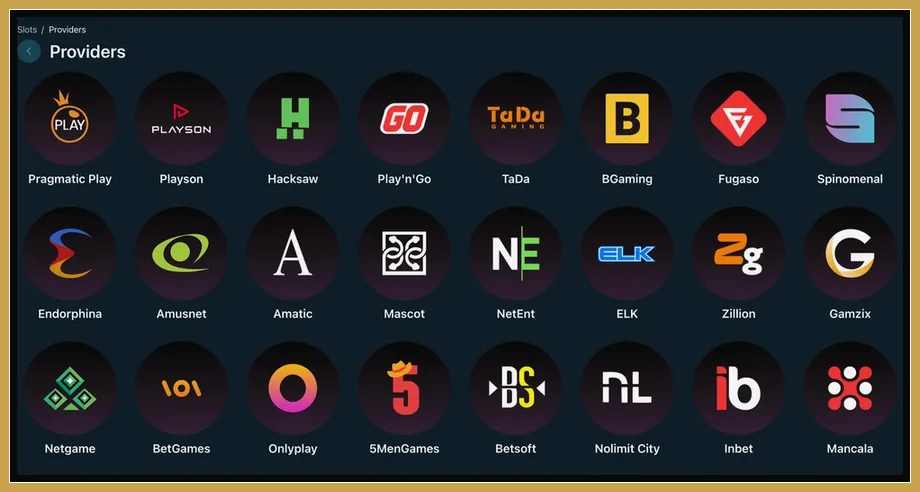 Spielentwickler hinter den Slots im Anbieterverzeichnis Anbieterliste mit Logos von Pragmatic Play, Playson, Hacksaw, BGaming, NetEnt, ELK und weiteren Studios