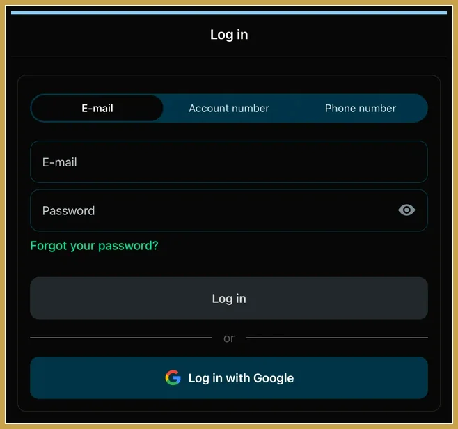 Anmeldung nach der Registrierung mit bestehendem Konto Anmeldemaske „Log in“ mit Reitern E-mail, Account number, Phone number, Passwortfeld und Google-Button