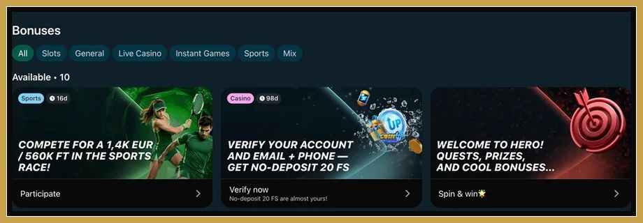 Bonusliste mit Available 10 und drei Karten zu Sportrennen, Verifizierung, Hero-Quests