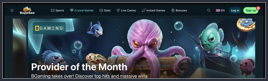 Kopfbereich der Startseite mit Menü, Login, Sign up und BGaming-Banner „Provider of the Month“