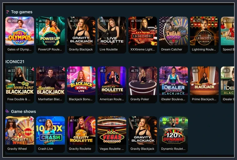 Live-Reihen Top games, ICONIC21, Game shows mit Gravity Poker, Crash Live, Dynamic Roulette