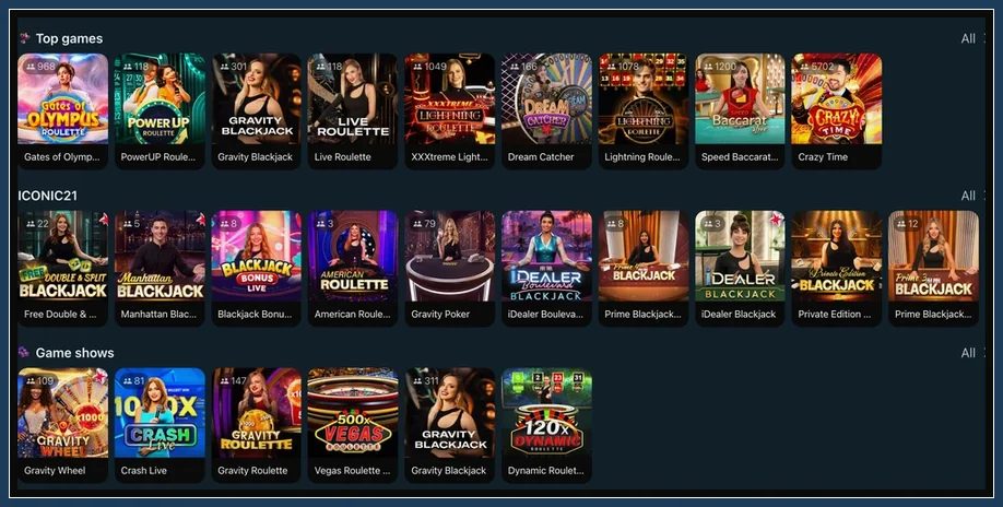 Live-Lobby mit Bereichen Top games, ICONIC21 und Game shows, darunter Crazy Time