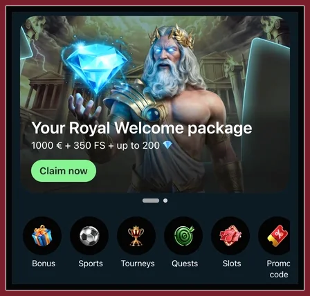 Mobile Startansicht mit Willkommensbanner, Button „Claim now“ und Symbolreihe Bonus, Sports, Tourneys, Quests, Slots