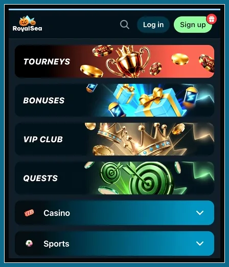 Mobiles Menü mit Kacheln Tourneys, Bonuses, VIP Club, Quests und Auswahlfeldern Casino und Sports