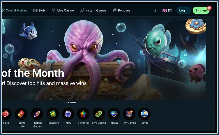 Menü mit Live Casino, Login und Sign up über BGaming-Banner und Symbolreihe