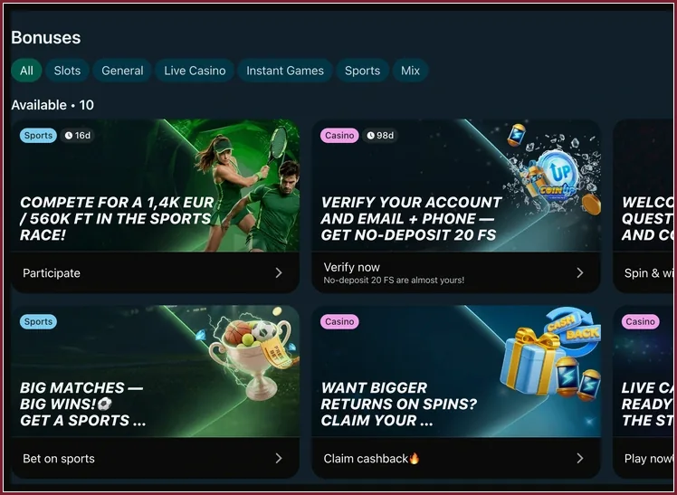 Bonusliste mit Kategorie-Reitern und Karten für Sportrennen, 20 FS ohne Einzahlung, Sportwetten und Cashback