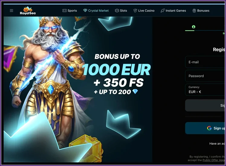 Willkommensangebot beim Anlegen eines neuen Spielerkontos Registrierung links mit Zeus-Grafik und Text 1000 EUR + 350 FS, Formular angeschnitten