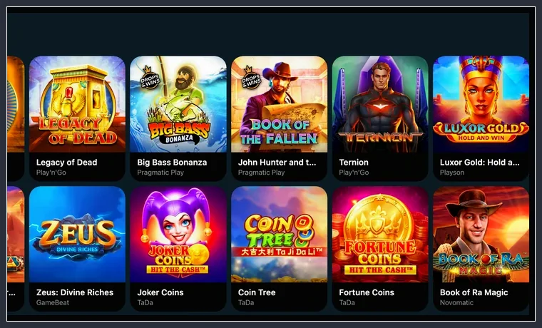 Slot-Kacheln Legacy of Dead, Luxor Gold, Joker Coins, Fortune Coins, Book of Ra Magic