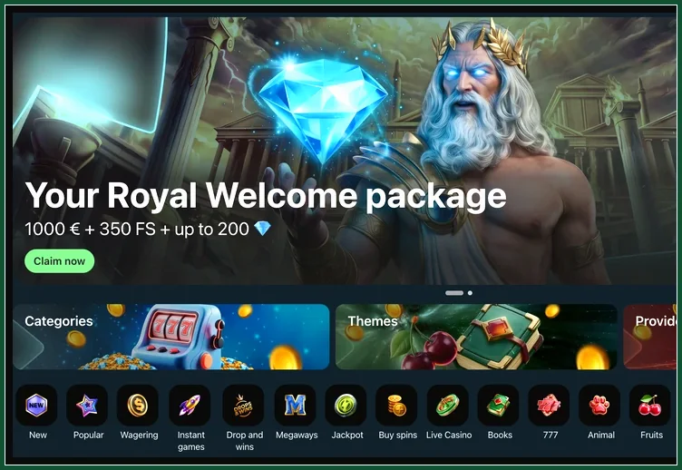 Slot-Bereich mit Kategorien, Themen und Anbieterauswahl Slots-Startbereich mit Zeus-Willkommensbanner, Kacheln Categories, Themes, Providers und Filtersymbolen wie Popular und Jackpot