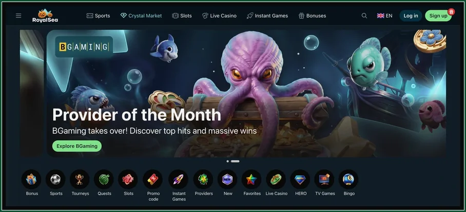 Startseite mit Kopfmenü, Banner „Provider of the Month“ mit BGaming und Kategorie-Symbolen