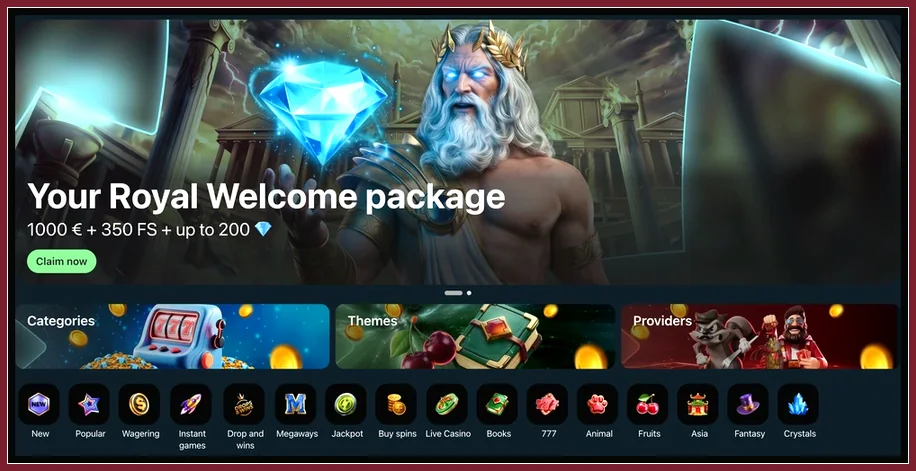 Willkommensbanner „Your Royal Welcome package“ mit Zeus-Motiv, Schaltfläche „Claim now“ und Themenkacheln